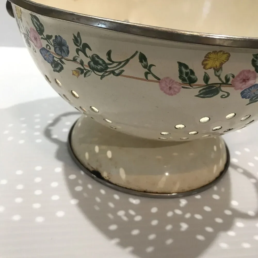 Rustic Primitive Vintage White Enamel Collander Floral Print Accent Brass Handle